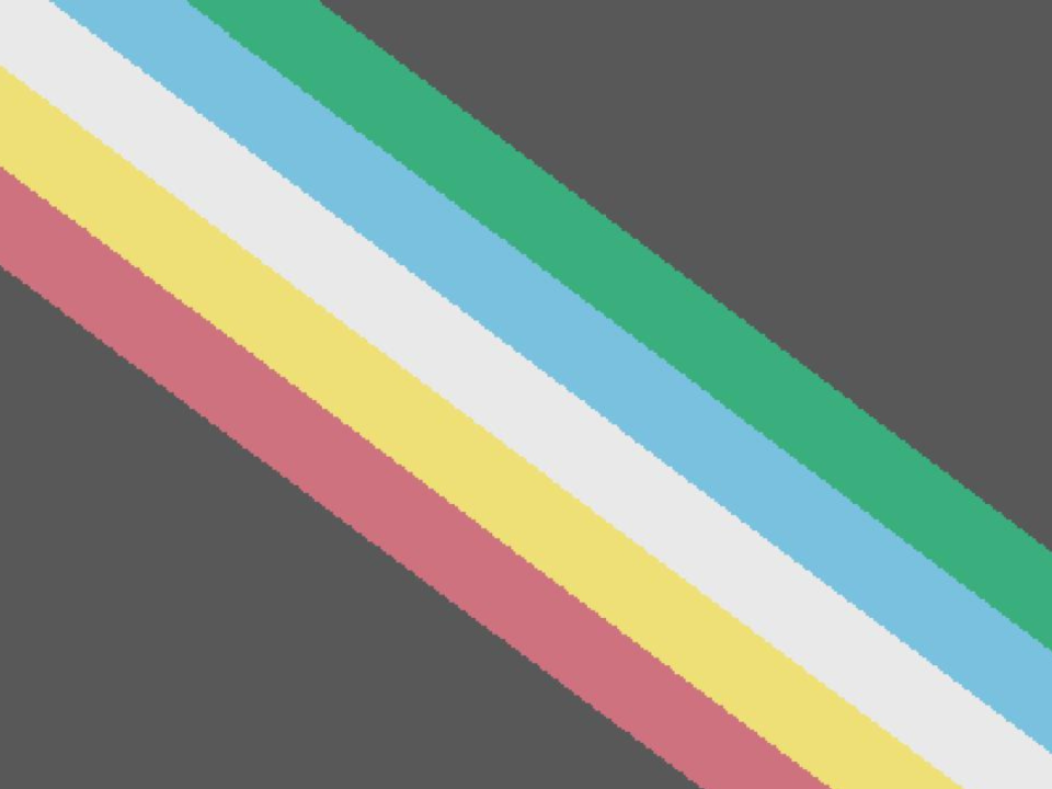 A charcoal grey background with a diagonal band from the top left to bottom right corner, made up of five parallel stripes in red, gold, pale grey, blue, and green.