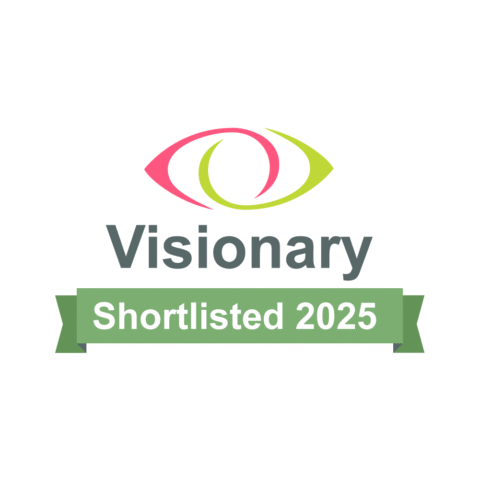 Visionary logo, the outline of two eyes interlinking. The word Visionary with a green banner below stating 