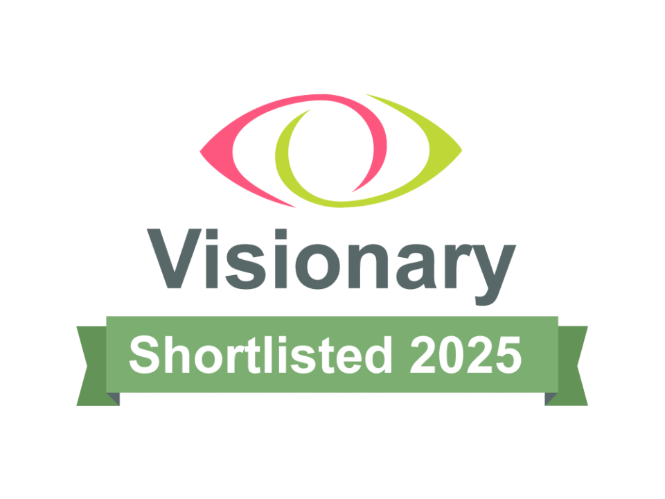 Visionary logo, the outline of two eyes interlinking. The word Visionary with a green banner below stating 